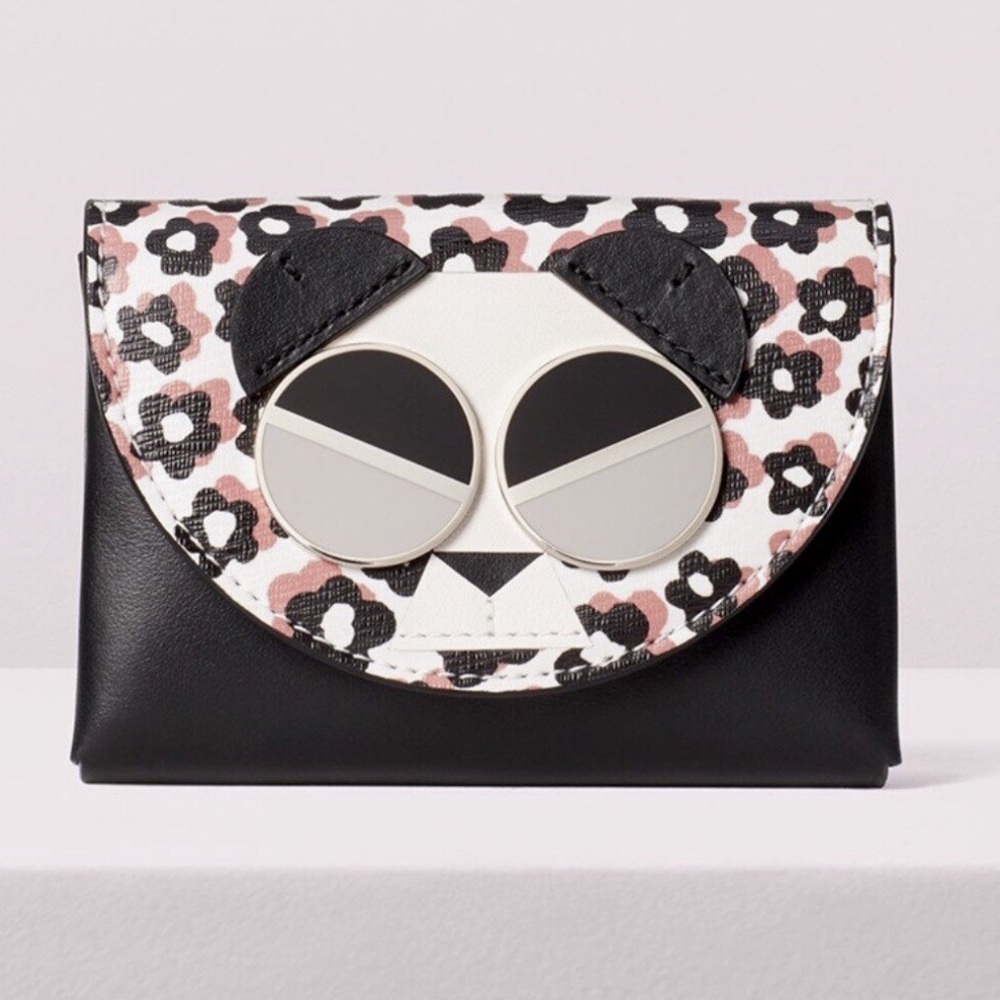 Kate Spade Spademals Gentle Panda Black Leather Cardholder Wallet Case Leather